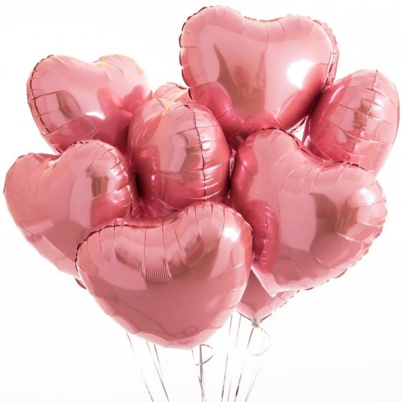 Связка из 9 фольгированных розовых сердец